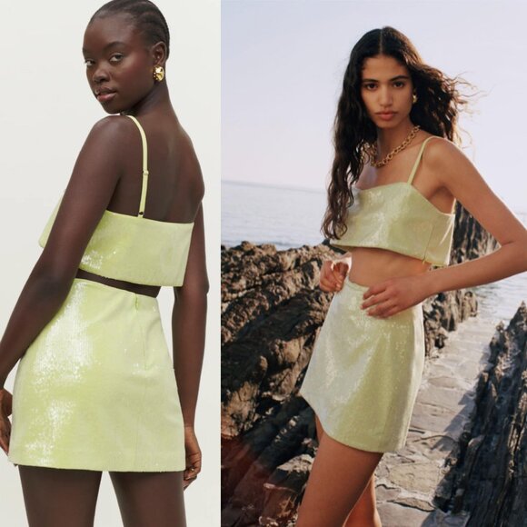 NWT Reformation Dream Two Piece in lime green sequins size 8 - Picture 6 of 6